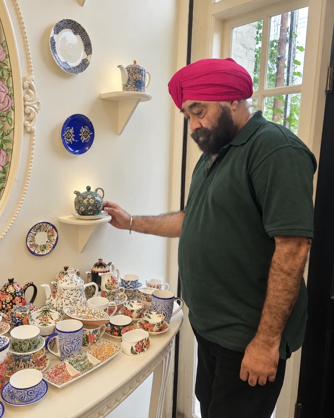 Bhupinder Pal Singh Jaggi, in a red turban, reaching for a hand-painted teapot on a shelf in a shop full of painted cups and teapots