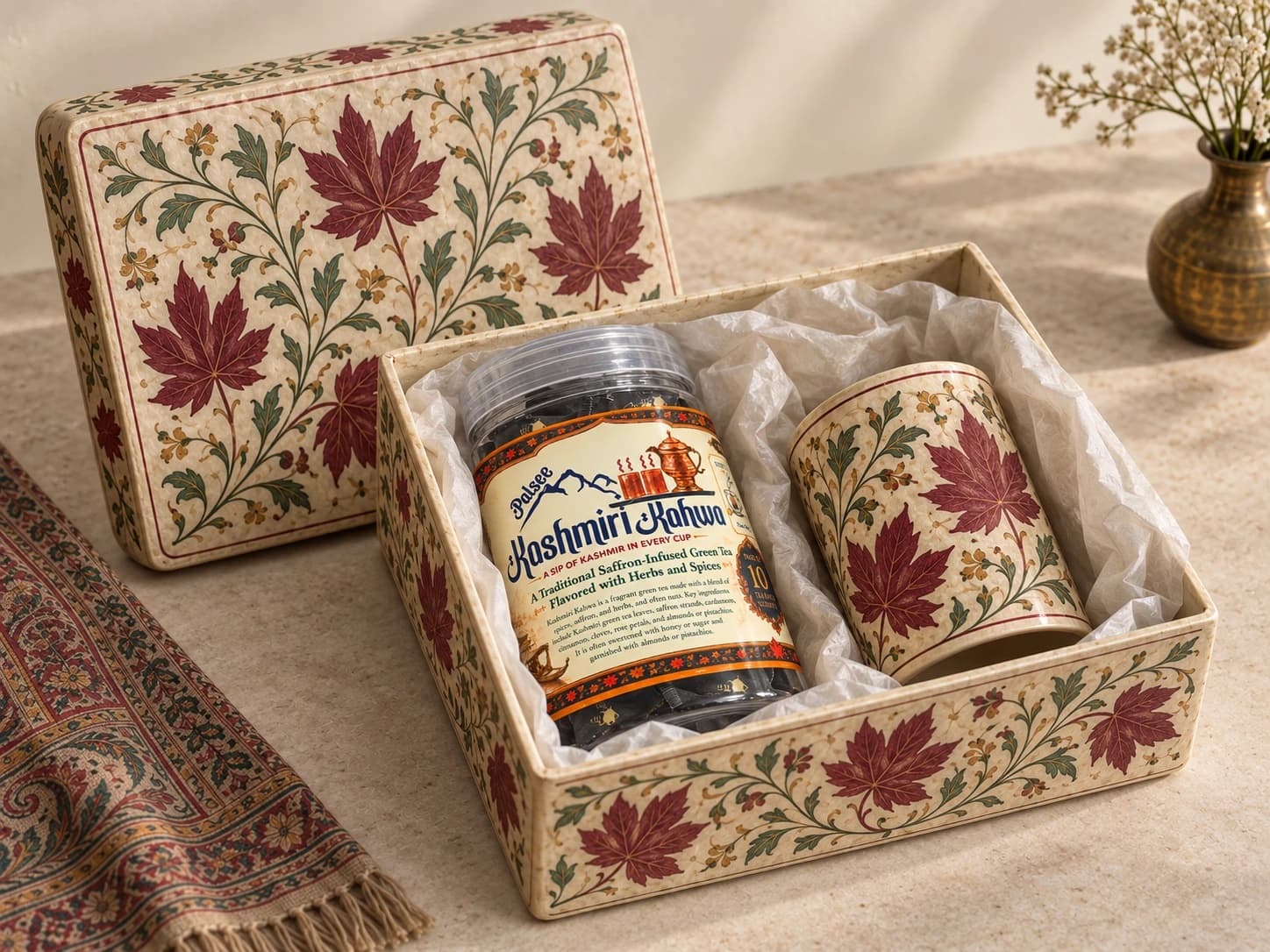 A Kashmiri Kahwa jar nestled in tissue inside a chinar-leaf patterned gift box, with a matching tin beside it