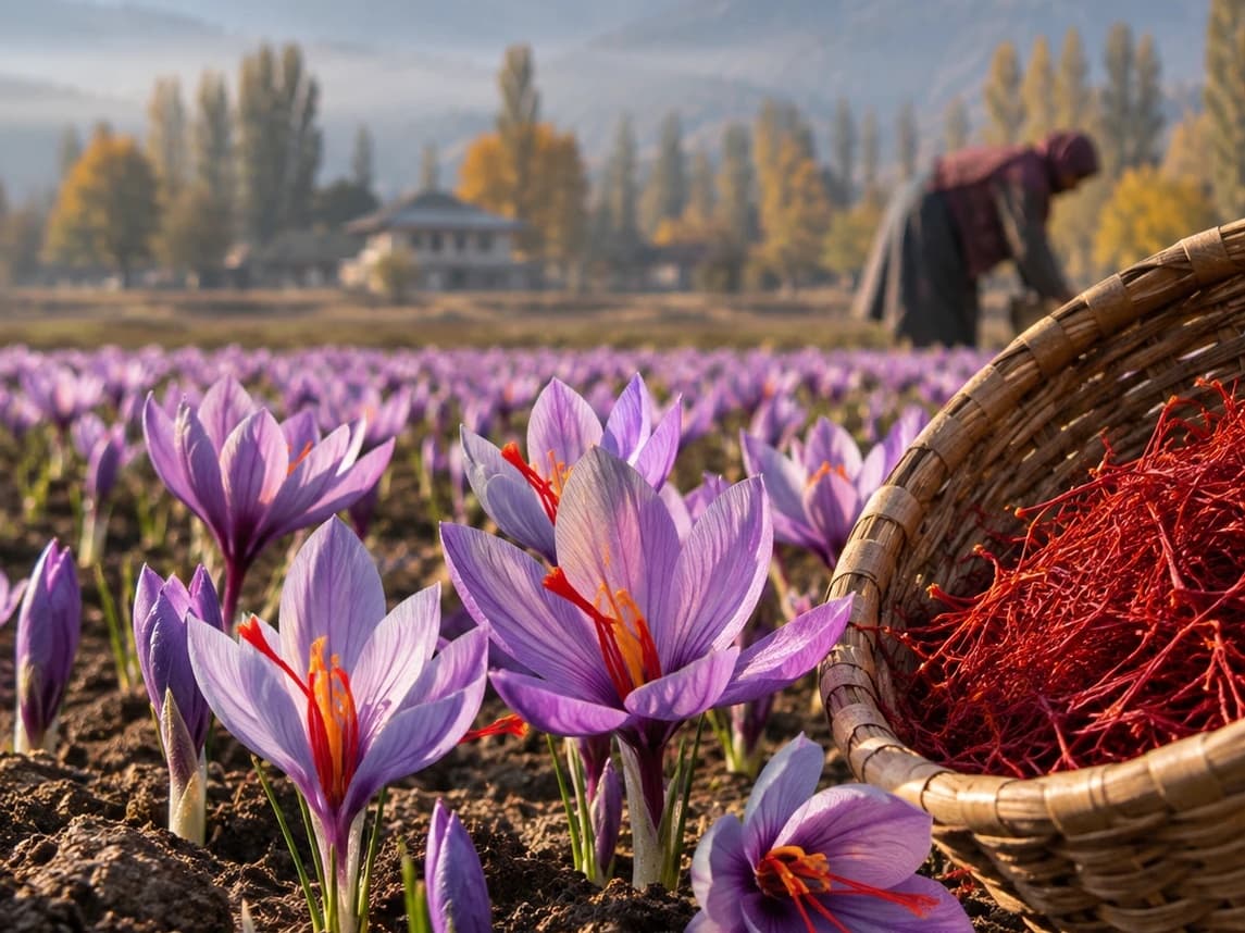 Saffron crocuses in bloom in a Kashmir field, a basket of red saffron threads beside them and snow-covered mountains behind