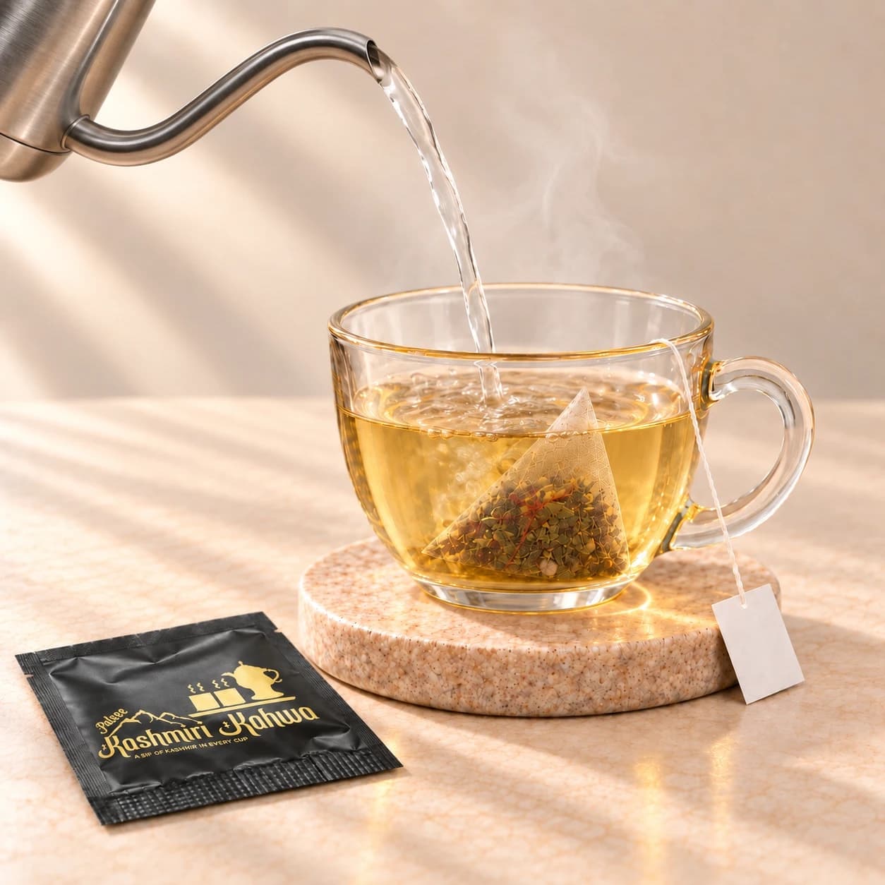 Hot water being poured from a kettle over the tea bag in the glass cup, the tea turning gold