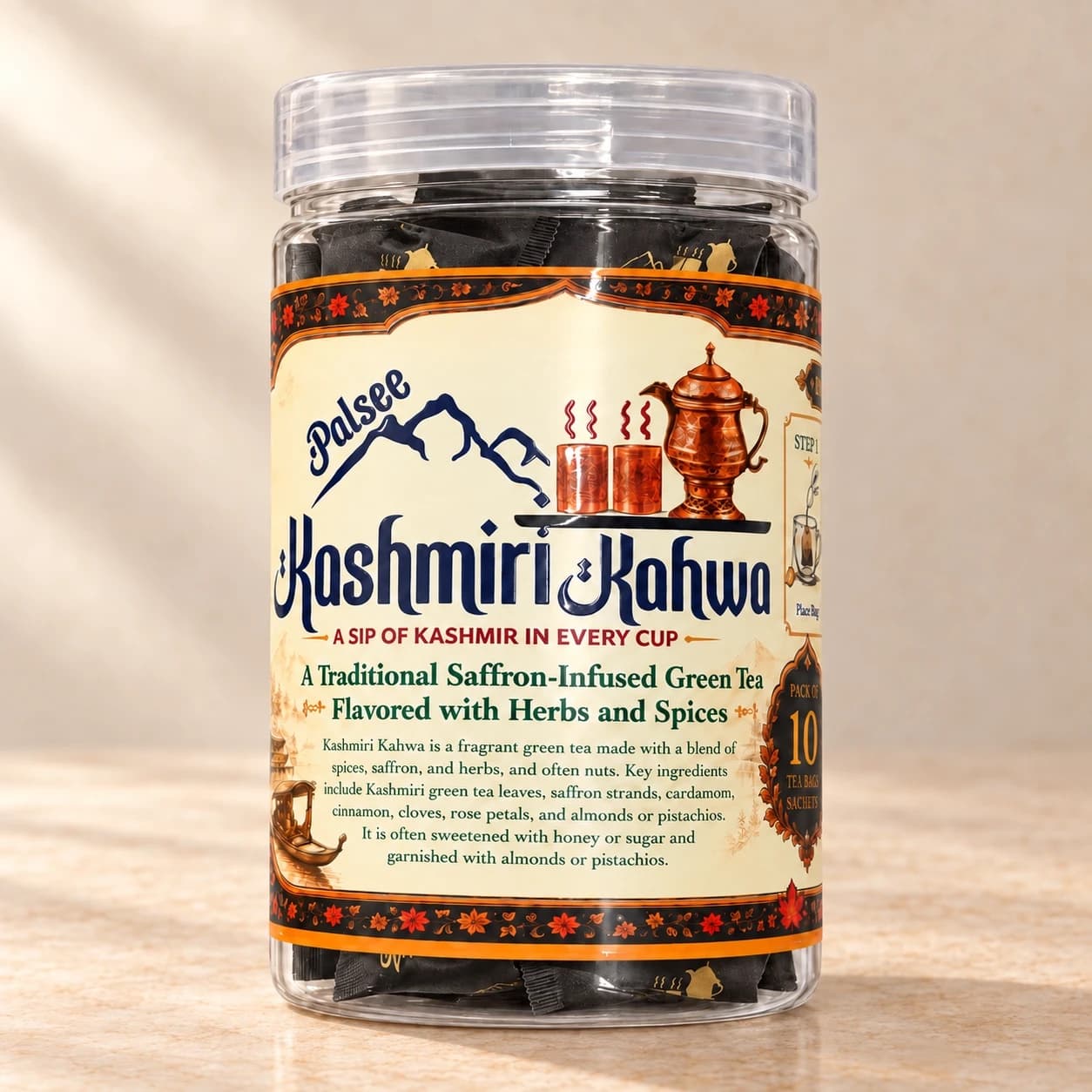 The Palsee Kashmiri Kahwa jar, a pack of ten tea bag sachets, on a marble counter