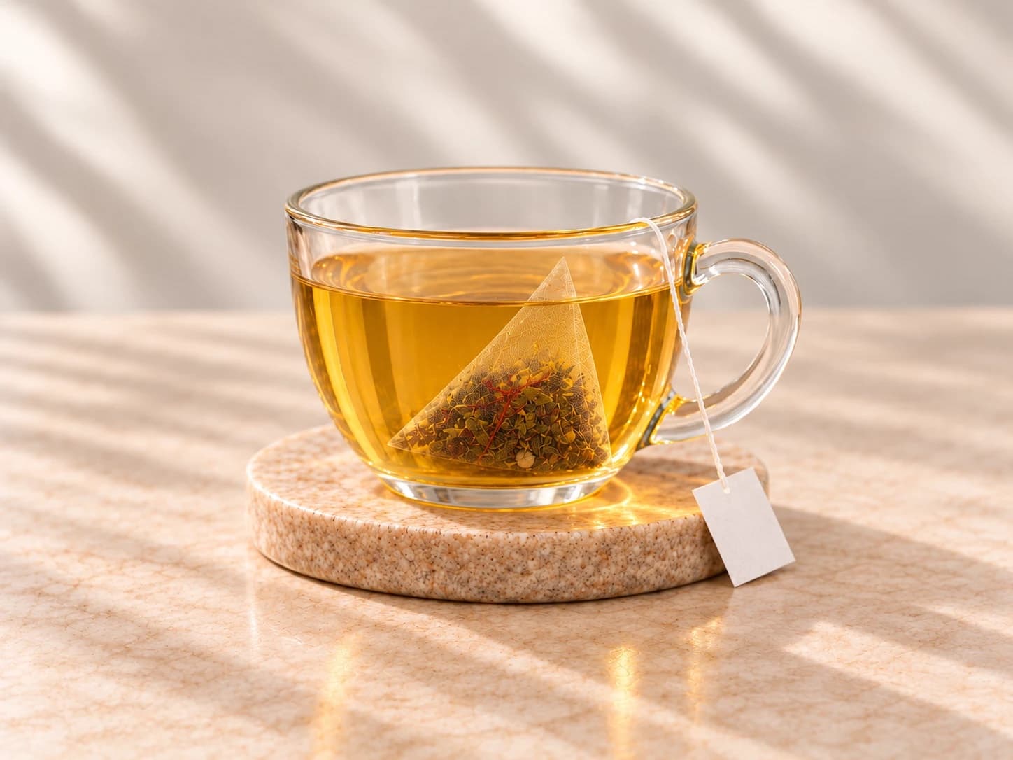 A pyramid tea bag steeping in a glass cup of golden Kashmiri Kahwa