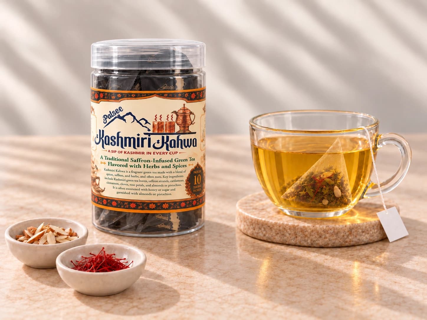 The Kashmiri Kahwa jar beside a glass cup of golden Kahwa, with small bowls of slivered almonds and saffron