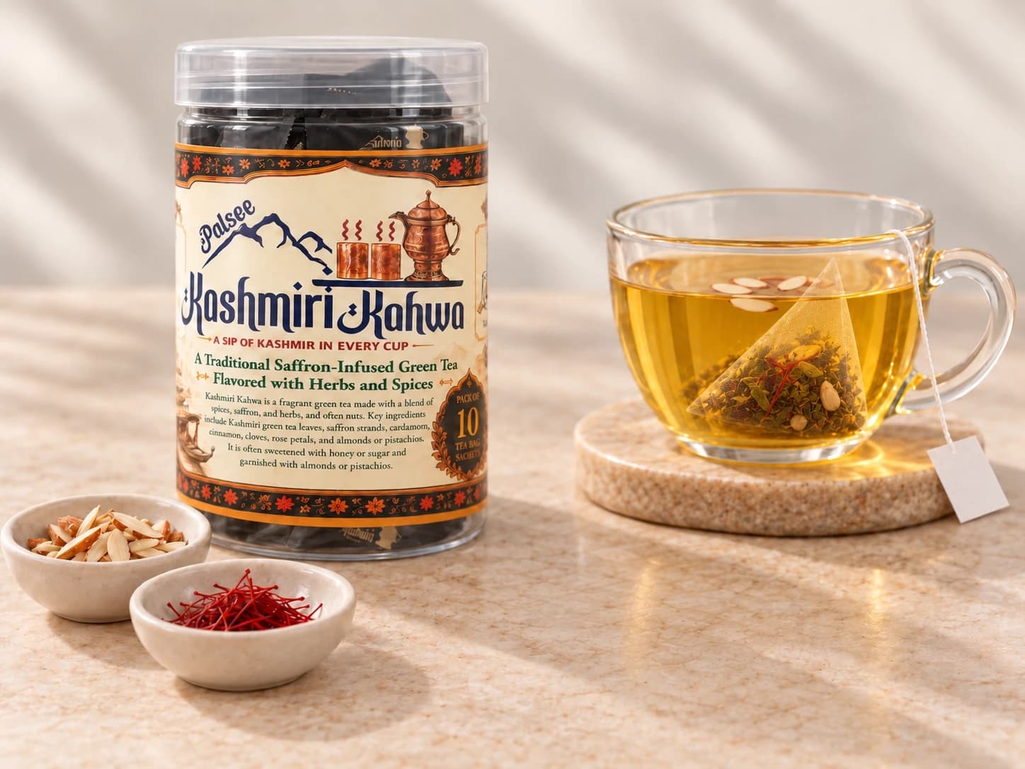 The Kashmiri Kahwa jar beside a glass cup of golden Kahwa with slivered almonds, and small bowls of almonds and saffron