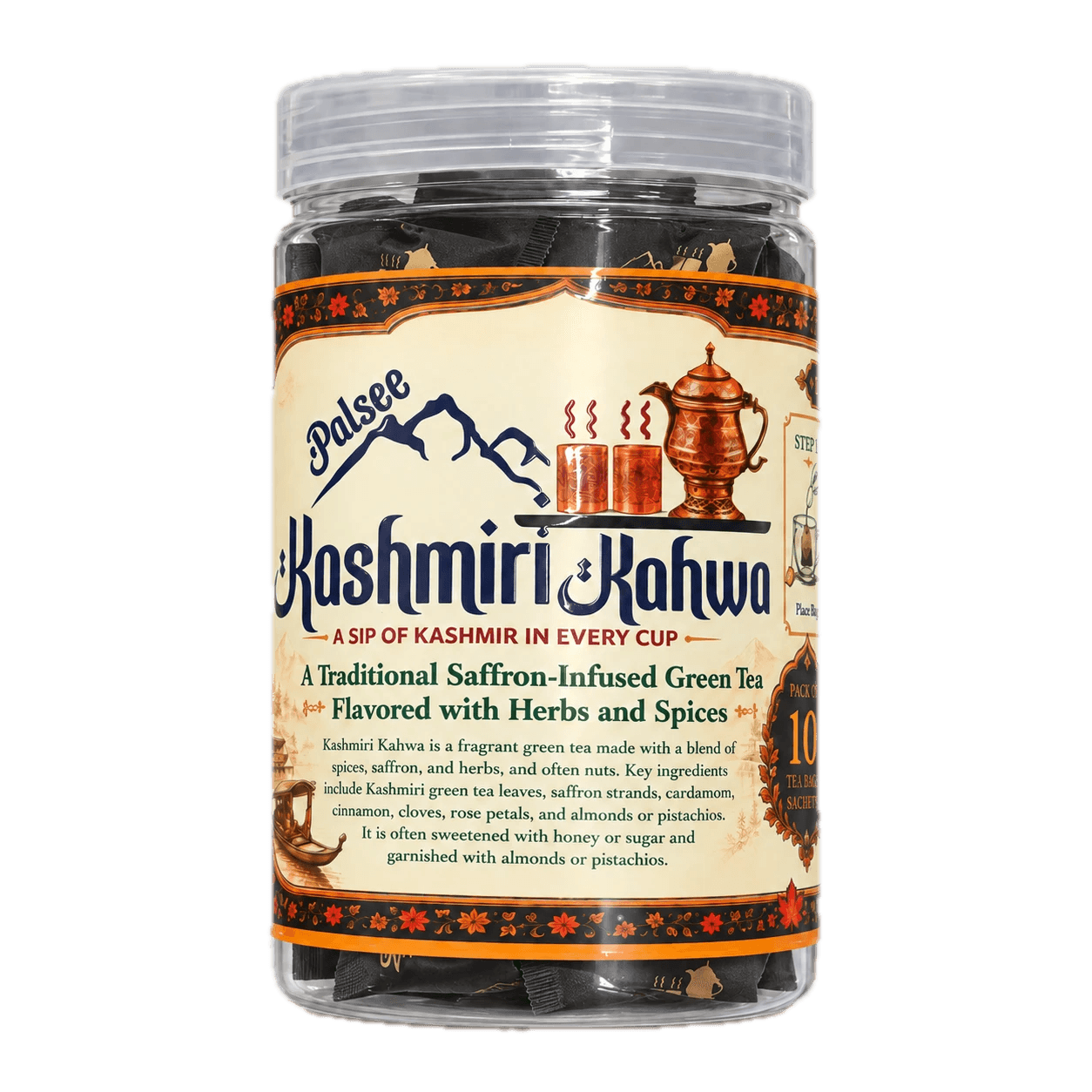 The Palsee Kashmiri Kahwa jar, a pack of ten tea bag sachets