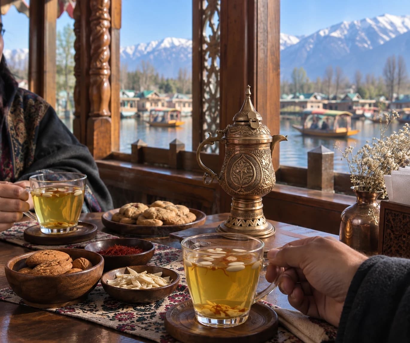 Kahwa served from a brass samovar at a houseboat window on Dal Lake: glass cups with almonds and saffron, bowls of walnuts, almonds and saffron, and shikaras on the water beyond