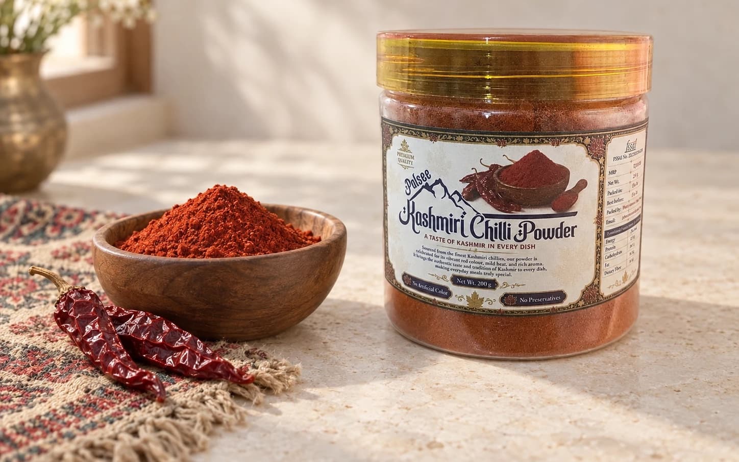 Kashmiri chilli powder in a wooden bowl with dried chillies and the jar, on a sunlit kitchen counter